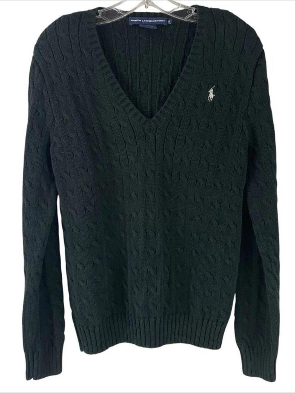Ralph Lauren Sport Cable Knit Sweater Womens Size XL Black Cotton Polo Pony Logo